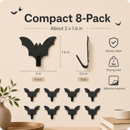 Black Bat Wall Hooks - Set of 8 Adhesive Storage Hooks