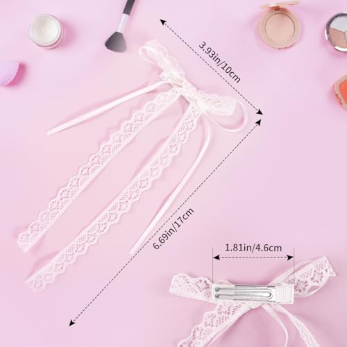 White Lace Hair Bow with Long Tail - Coquette Hair Clip Pair