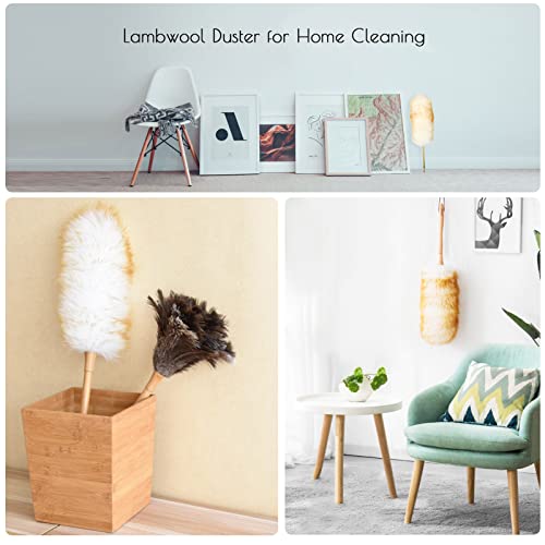 Lambswool Duster with Wooden Handle - 14" Cleaning Tool for Fans, Blinds & Furniture