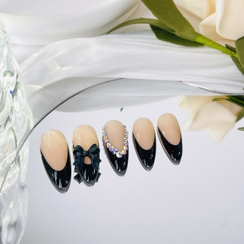 French Tip Black Almond Press On Nails with 3D Bow and Rhinestones