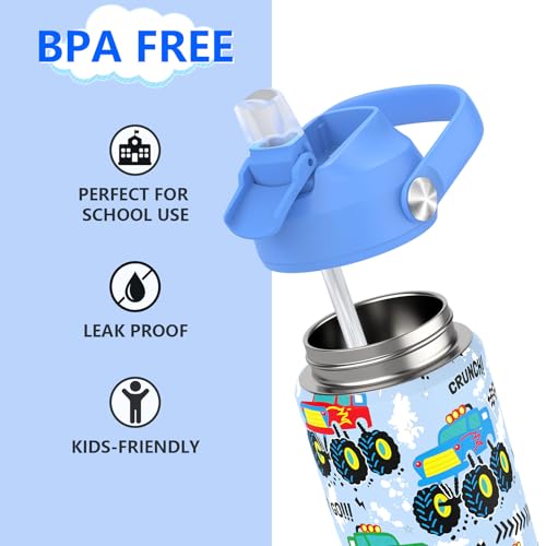 Monster Truck Insulated Water Bottle with Straw - 12 oz Kids Cup