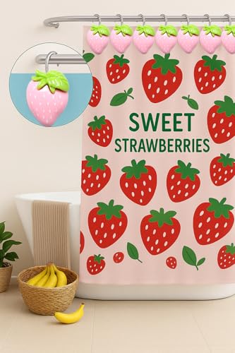 YOINIUEM Strawberry Shower Curtain Hooks, 12-Pack Resin Rings - Pink & Green