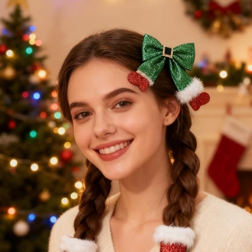 Christmas Hair Clips 2-Pack Red Green Glitter Bow Hairpins