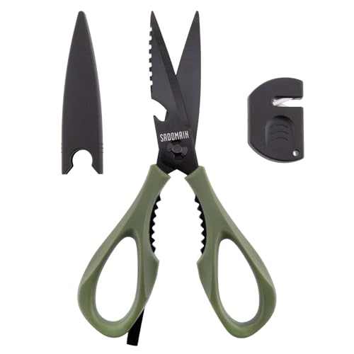Extra Sharp Kitchen Scissors - Deep Green Stainless Steel Shears with Knife Sharpener & Sheath