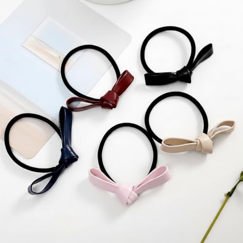 PU Leather Knotted Bow Hair Ties - 6 Pack Multicolored Ponytail Holders