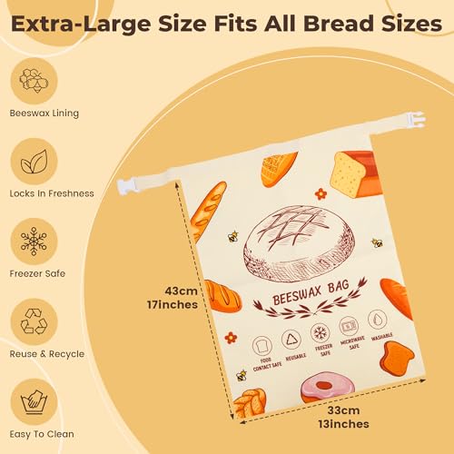 Beeswax Food Storage Bags - Reusable Cotton Bread Bags for Sourdough, 17x13 inches, 2 Pack