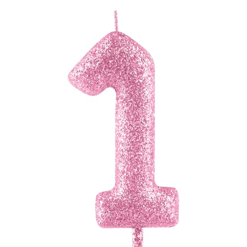 Glitter Pink Number 1 Birthday Candle - 2.36in Cake Topper Decor