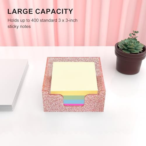 Rouidr Acrylic Sticky Note Holder - Rose Gold Glitter Memo Pad Dispenser