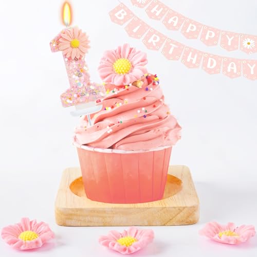 Pink Daisy Flower Number 1 Birthday Candle with Tray - Glitter Cake Topper