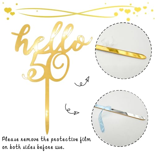 Hello 50 Cake Topper - Gold Acrylic for 50th Birthday & Anniversaries