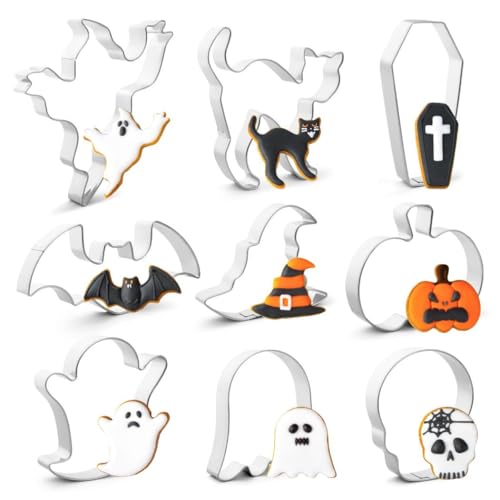 Halloween Cookie Cutter Set - 9 Stainless Steel Shapes Pumpkin Ghost Bat Witch Skull