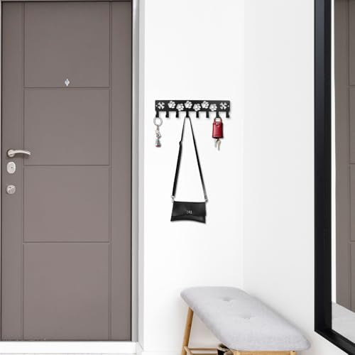 FEUNLEM Dog Paw Wall Key Holder & Leash Rack - 8-Hook Black Metal Organizer