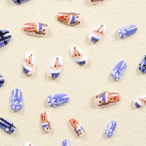 Christmas Press on Nails Short Round Winter Fake Nails Blue Glossy