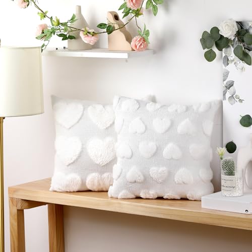 Beige Valentine's Day Heart Throw Pillow Covers 18x18 Inch - 2 Pack, Plush Faux Fur Jacquard Love Pillow Cases for Home & Living Room Decor