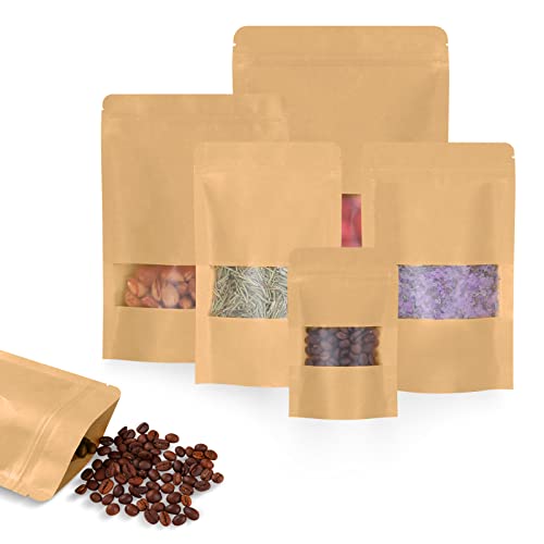 3.5x5.5 Inch Kraft Bags with Window - 50 Pack Reusable Sealable Food Pouches