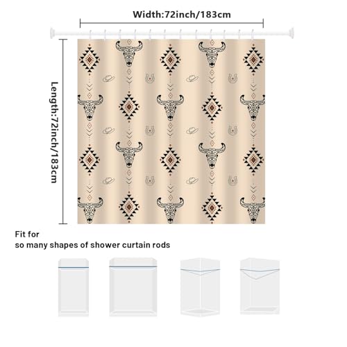 Western Aztec Shower Curtain - Vintage Bull Skull & Cowboy Hat, 72x72