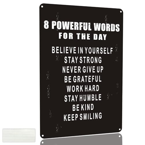 Motivational Wall Art Metal Sign 8x12 Inch - 8 Powerful Words for the Day, Inspirational Decor for Living Room, Bedroom, Gym, Classroom, Includes Adhesive Backing