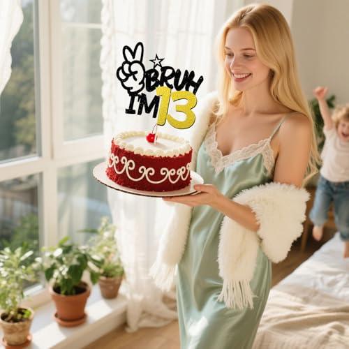 Black Glitter Bruh I'm 13 Cake Topper for Birthday Celebrations