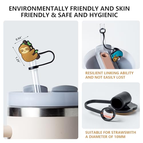 8-Piece Sloth Covers for Stanley Cup, 0.4in/10mm Diameter Straw Toppers Cap,Compatible with Stanley 20 30&40 0z Cup, Dust-Proof Straw Caps for Water Bottle