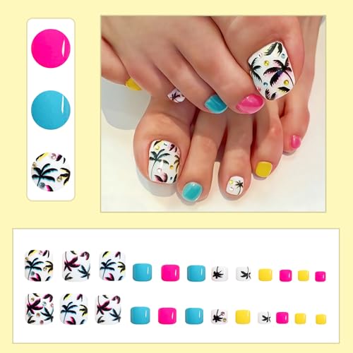 Summer Coconut Tree Press On Toenails Short Square Fake Toe Nails
