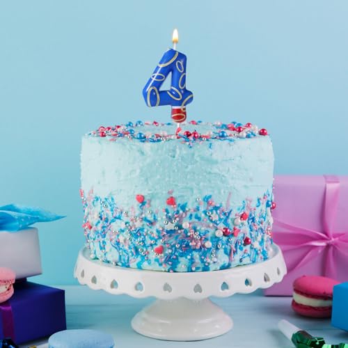 Blue Number 4 Birthday Candle with Gold Ring Print - Party Decor