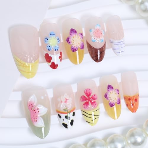 YKZFUI 30pcs Medium Almond Press On Nails with 3D Floral French Design