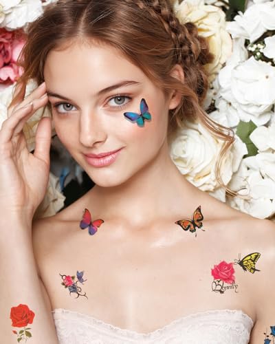 Watercolor Flower and Butterfly Temporary Tattoos - 100 Pack Waterproof Fake Tattoo Stickers for Women and Girls