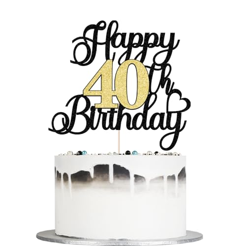 Auteby Black Gold Glitter 40th Birthday Cake Topper
