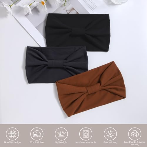 WantGor Wide Elastic Headbands for Women - 3 Pack Stretchy Knotted Sports Sweat Bands