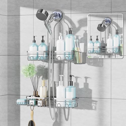 KEGII Shower Caddy - Rustproof Hanging Organizer with Soap Dish & Hooks | Fits Handheld Showerheads, Silver