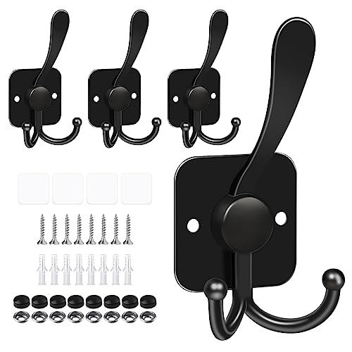 VIS'V Heavy Duty 3 Prong Coat Hooks - Wall Mount Adhesive & Screws, Black, 4 Pcs