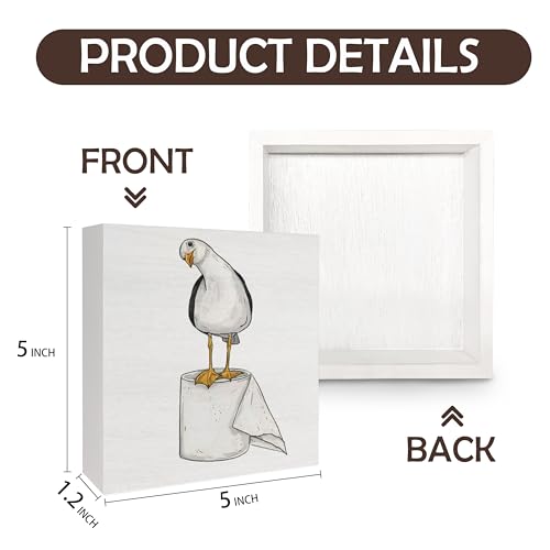 Seagull Wooden Box Sign - Coastal Bathroom Decor, 5x5 Inch