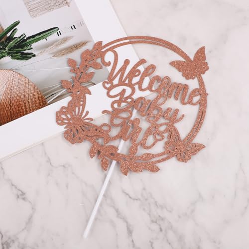 PEUTIER Welcome Baby Girl Cake Topper, Rose Gold Glitter, 8.27x5.71 Inch