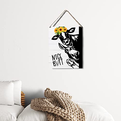 Rustic Wooden Bathroom Sign Decor - 10x8 Cow & Sunflower Art