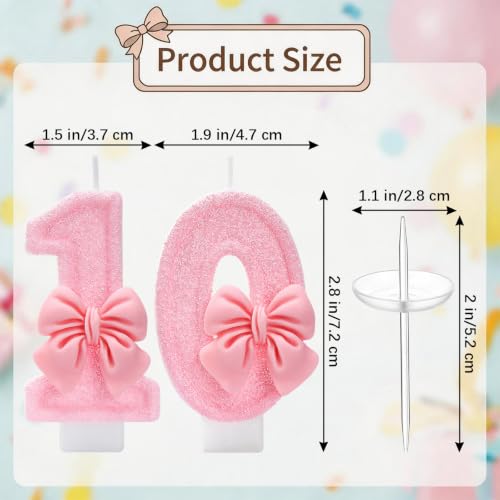 LASILE Pink Bow Number 10 Birthday Candle 3.4 Inch Glitter Cake Topper Girl Party Decor