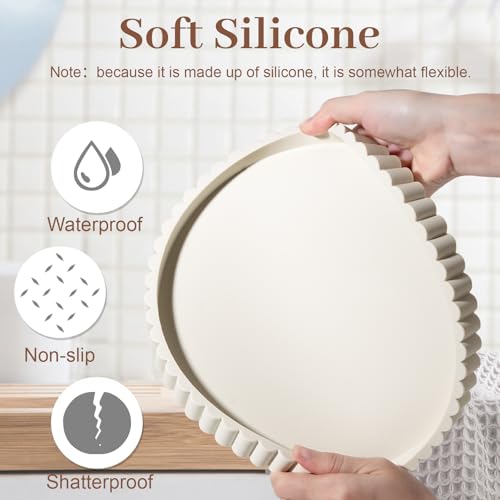 9" Round Silicone Bathroom Tray, Minimalist Vanity Organizer in Beige