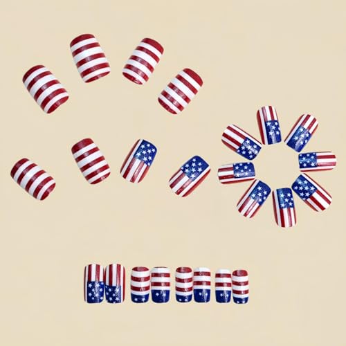 USA Flag Press on Nails Medium Square French Glossy Fake Nails 24Pcs