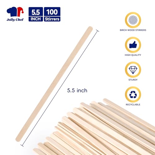 5.5 Inch Wooden Coffee Stirrers - 100 Count Durable Birch Sticks