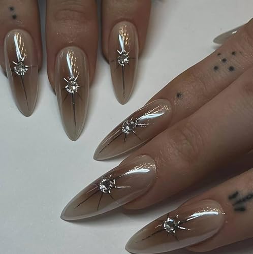 Caramel Ombre Medium Almond Press on Nails with Rhinestones & Star Design