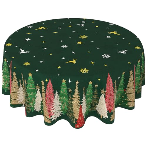 Green Christmas Round Tablecloth 90 Inch Waterproof & Washable Holiday Decor - Xmas Green / 90"