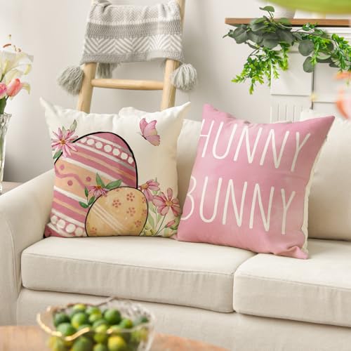 AVOIN Colorlife Happy Easter Bunny Throw Pillow Covers - Set of 4, 18" x 18"