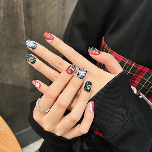 Christmas Press on Nails Short Square Red False Nails with Snowflakes