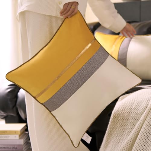 Avigers 22x22 Inch Rayon Blend Velvet Decorative Pillow Cover - Yellow & White Patchwork