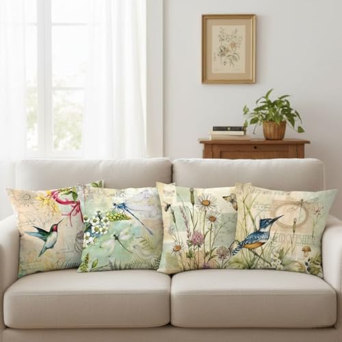 Set of 4 Bird Pillow Covers 18x18 - White Linen Farmhouse Decor