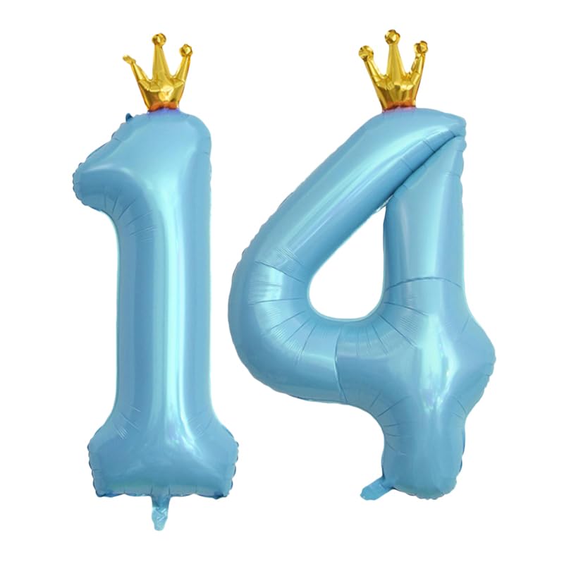 40 Inch Blue Number 14 Foil Balloon with Crown for Birthday Party