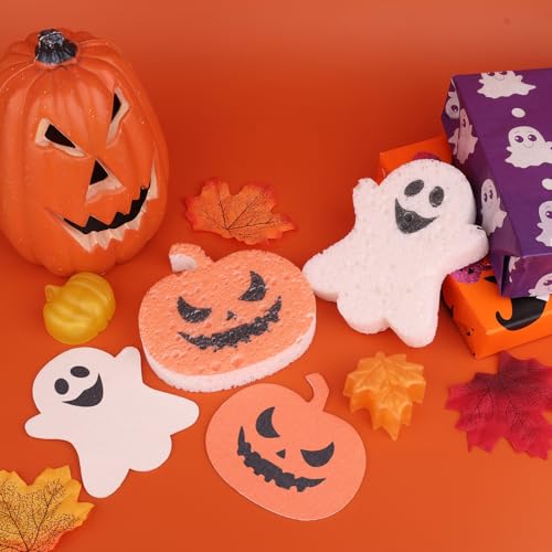 Halloween Kitchen Sponges Set - 4 Cute Pumpkin & Ghost Scrubs