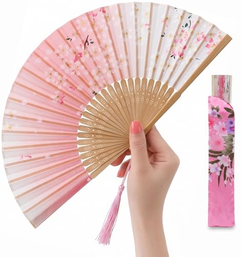 Pink Japanese Folding Hand Fan for Women - Bamboo Silk with Pouch