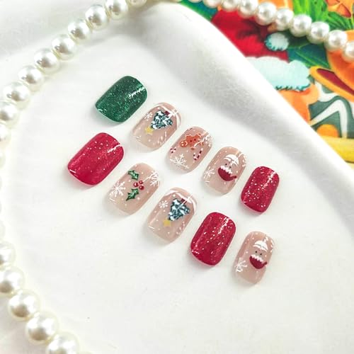 Christmas Press on Nails Short Square False Nails Winter Holiday Design