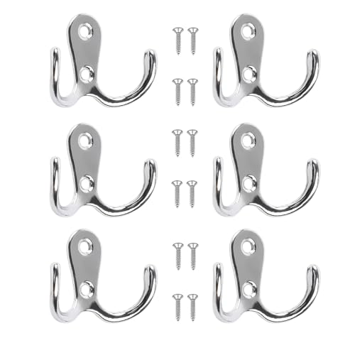 VIPERMARK 6-Pack Double Prong Coat Hooks - Wall Mounted Metal Robe and Hat Hooks with Screws for Bathroom and Bedroom