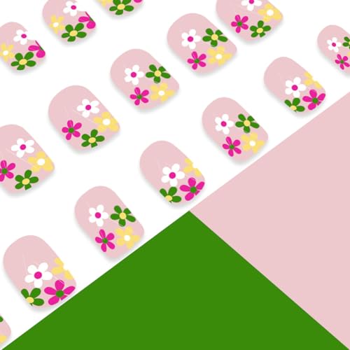 BSBTBZ Flower Press-on Nails Short Square Glossy Acrylic French Tip False Nails